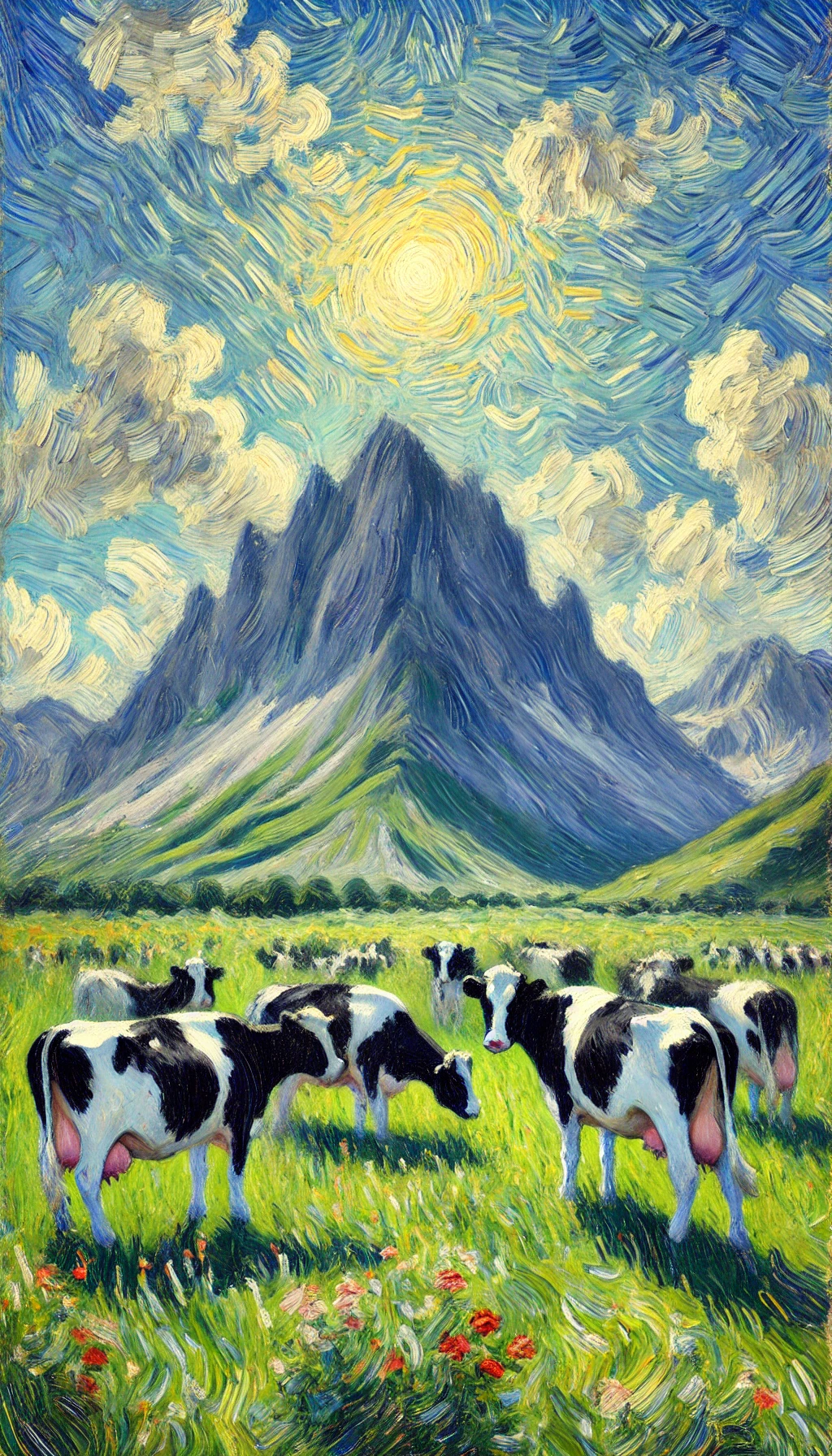 DALL·E 2026-02-09 11.37.27 - Impressionist-style painting with a 9_16 vertical format. In the foreground, there are five black and white cows positioned toward the center-left. Th.webp